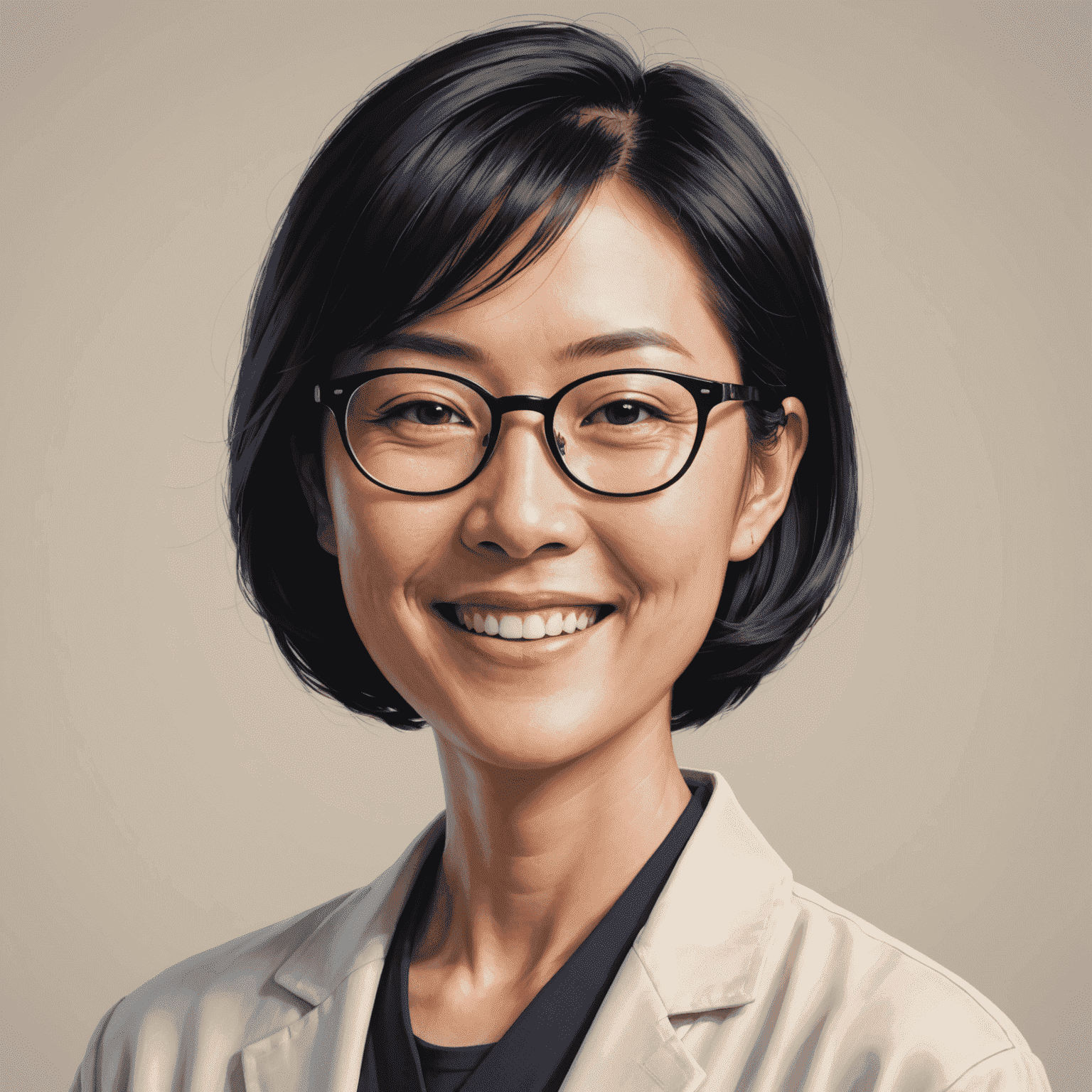 Portrait of Akiko Tanaka, a Japanese nutritionist with short black hair and glasses, smiling warmly