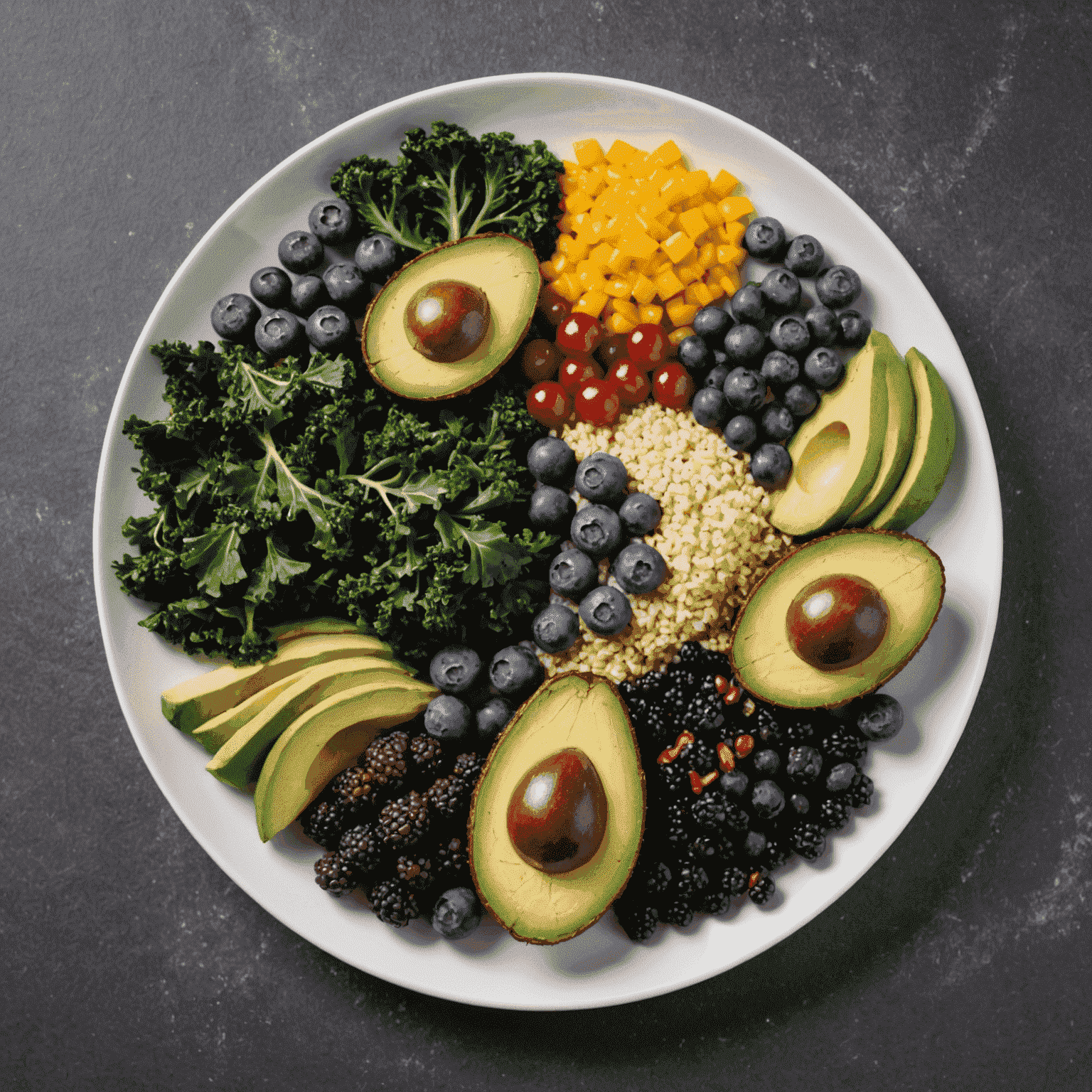 Five colorful superfoods arranged on a white plate: acai berries, kale, quinoa, blueberries, and avocado