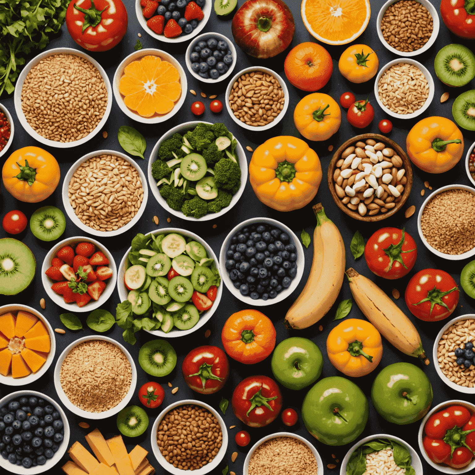 Decorative image of various healthy foods arranged in a visually appealing manner, showcasing colorful vegetables, fruits, whole grains, and lean proteins