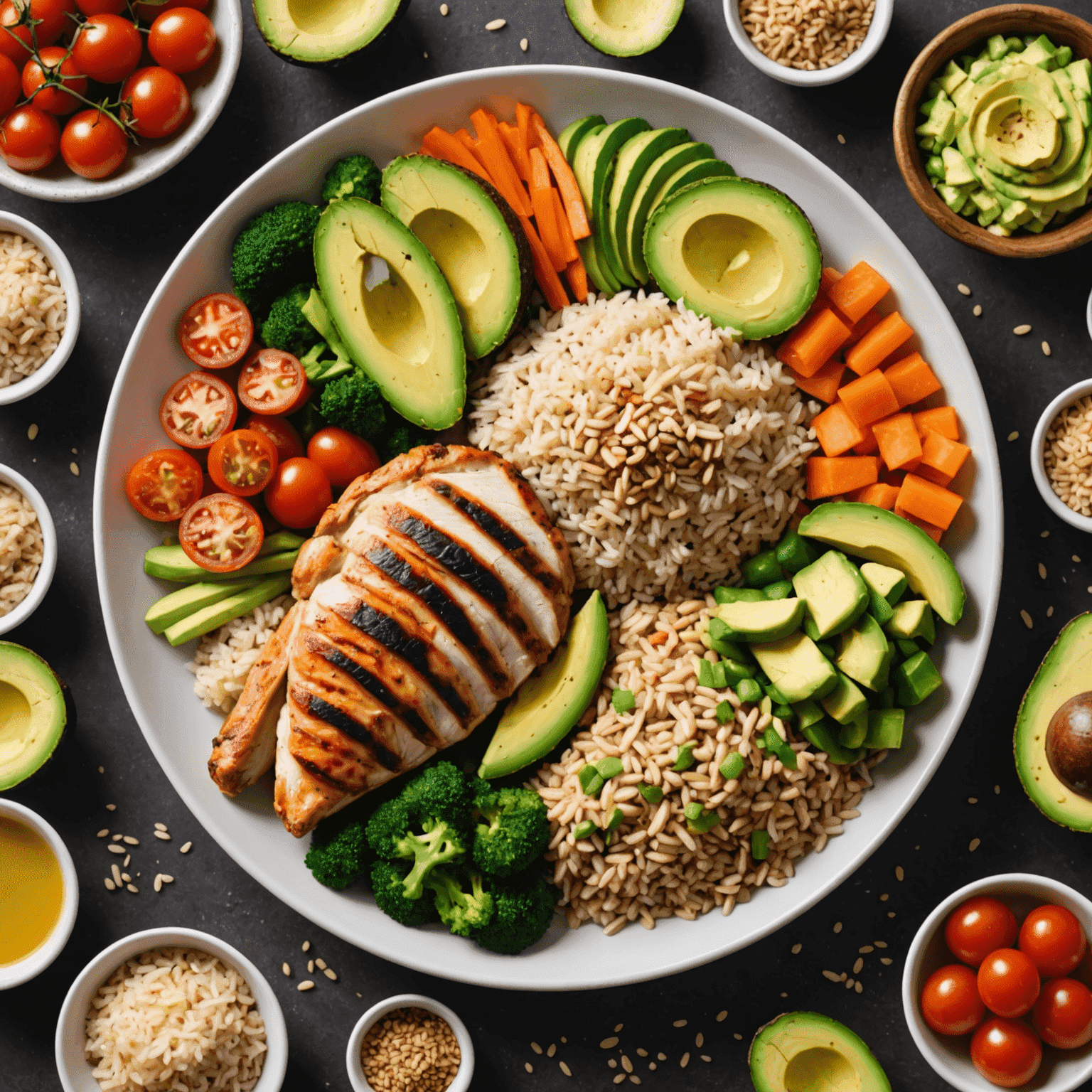 A balanced plate showcasing proteins (grilled chicken), carbohydrates (brown rice), and healthy fats (avocado slices), surrounded by various colorful vegetables