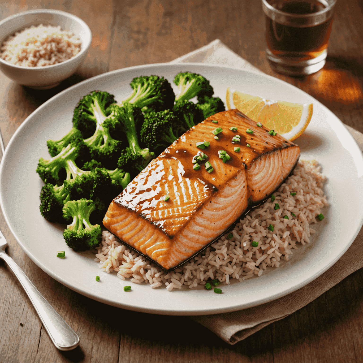 A perfectly grilled salmon fillet glazed with a shiny miso sauce, served with steamed broccoli and brown rice on a white plate. The dish is garnished with sesame seeds and a lemon wedge.