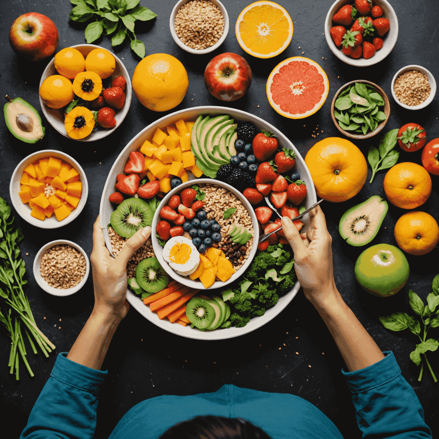 A person mindfully eating a colorful, healthy meal with various fruits, vegetables, and whole grains. The image shows the individual taking a moment to appreciate the food before eating, emphasizing the concept of mindful eating.