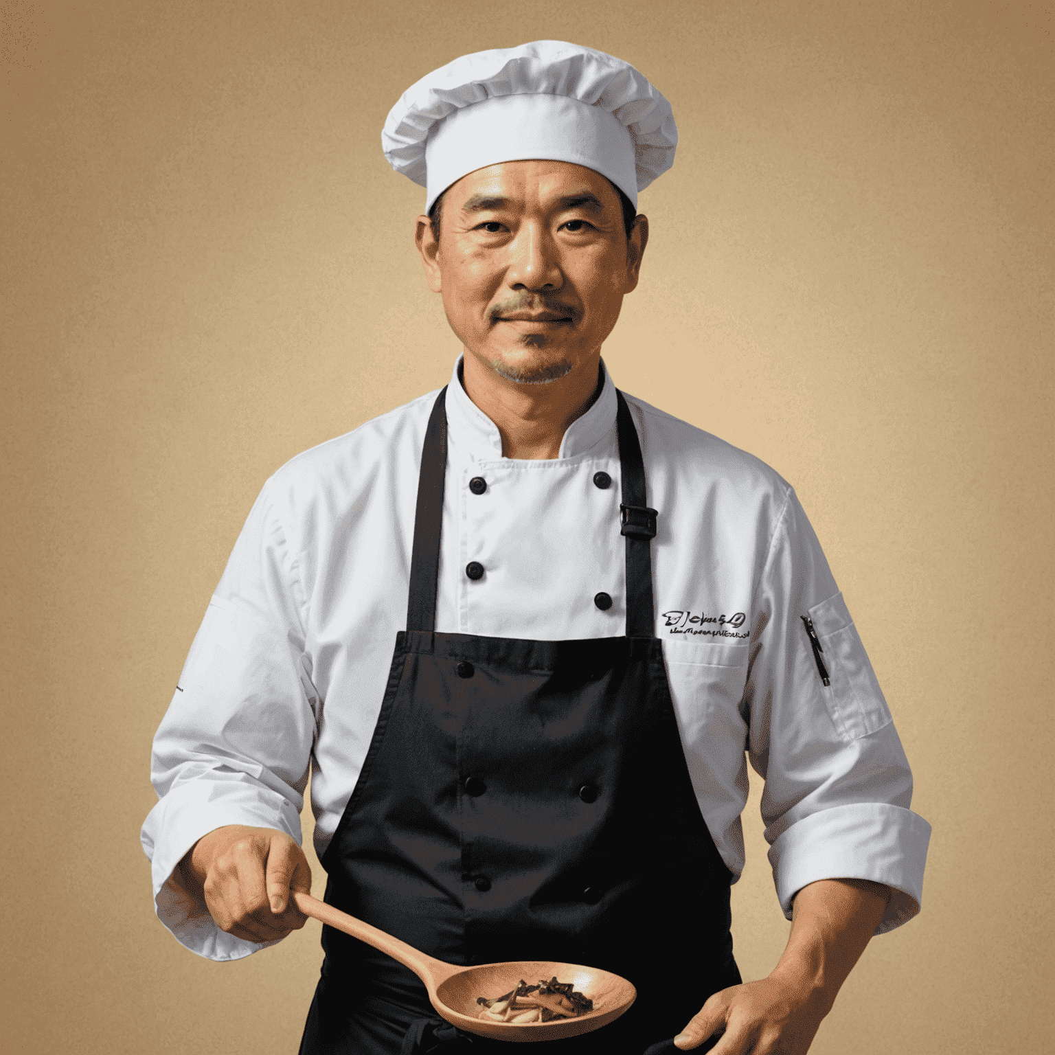 Portrait of Chef Hiroshi Sato, a middle-aged Japanese man in a chef's uniform, holding a wooden spoon