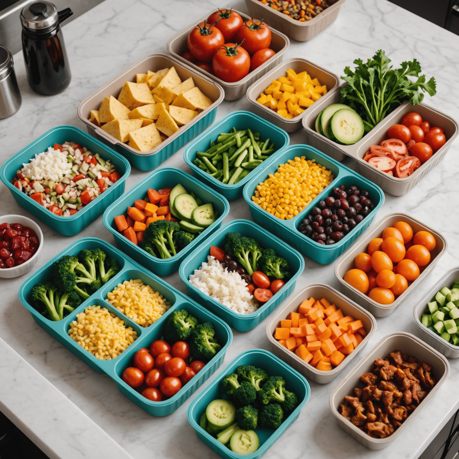 A kitchen counter with various meal prep containers filled with colorful, healthy foods