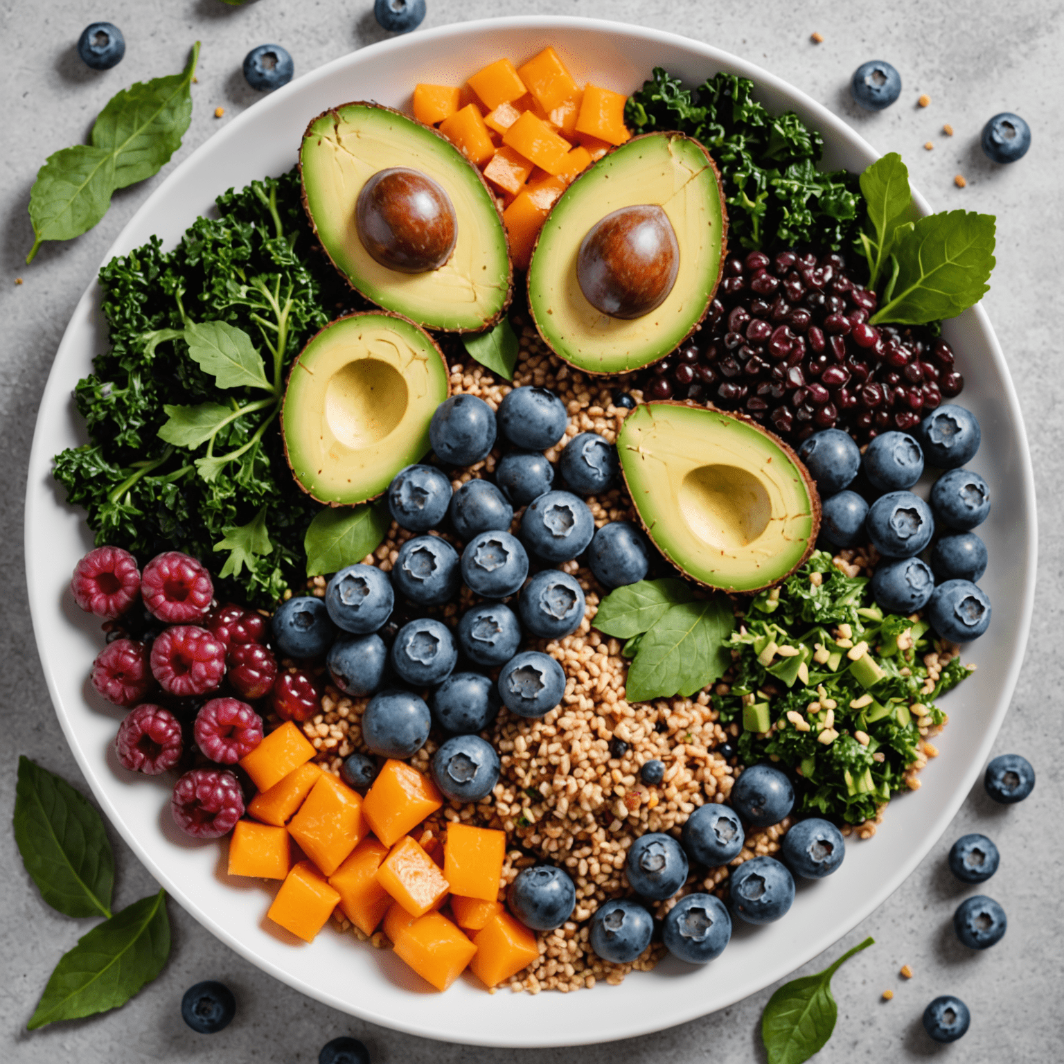 Five colorful superfoods arranged on a white plate: acai berries, kale, quinoa, blueberries, and avocado