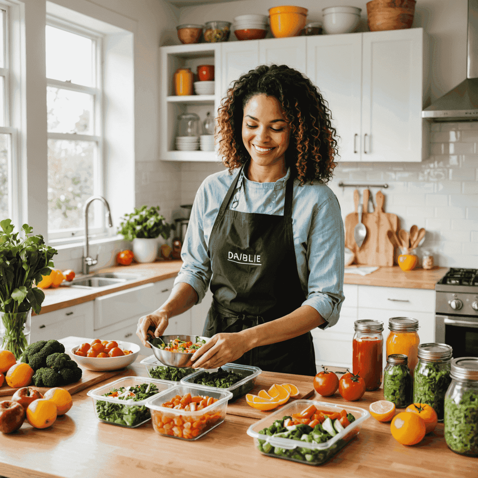 A person happily preparing meals in a bright, clean kitchen. Multiple meal prep containers are visible, filled with colorful, nutritious foods. The image conveys a sense of organization and satisfaction with healthy meal planning.