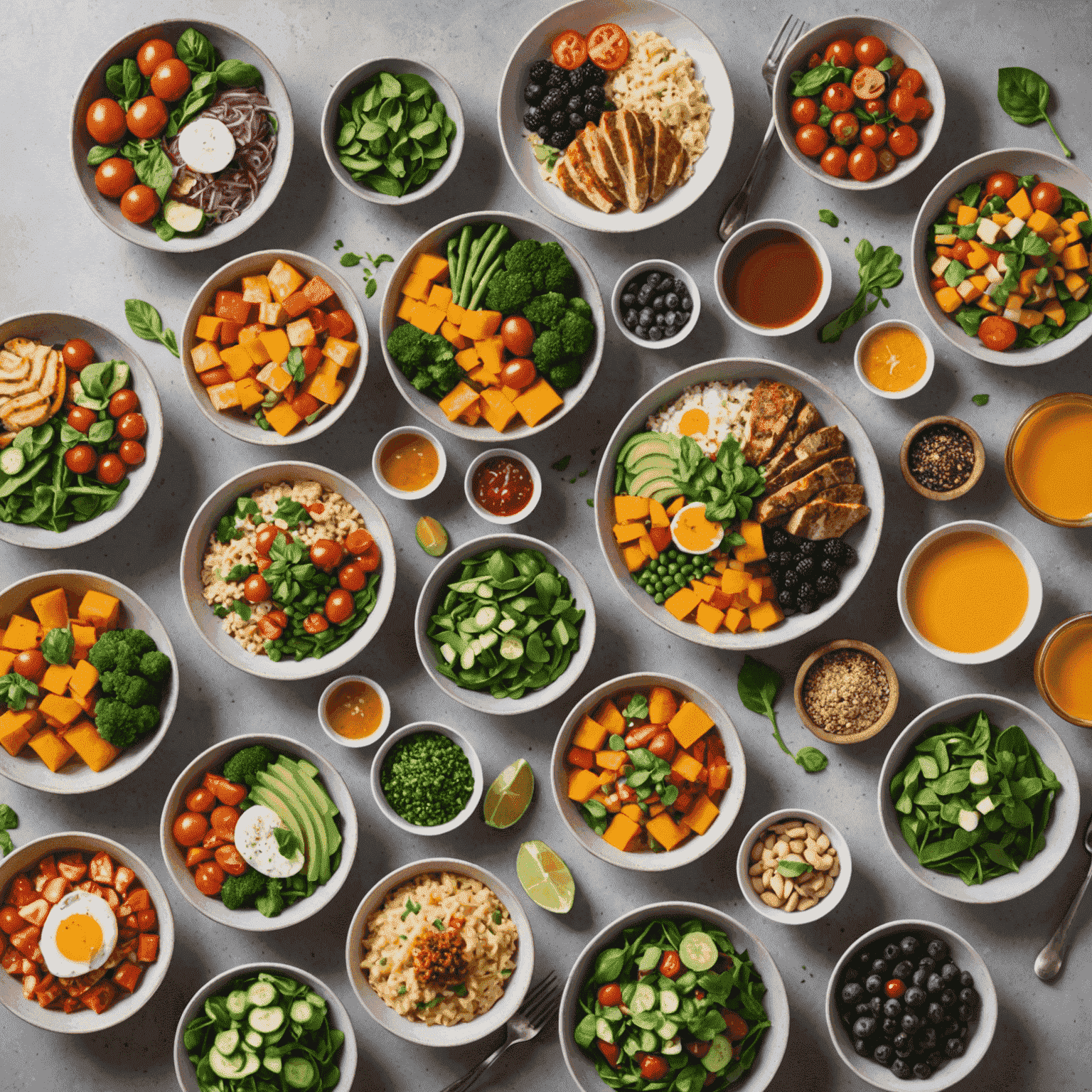 A beautifully arranged weekly meal plan featuring colorful, balanced dishes that incorporate principles of mindful eating. The image shows a variety of whole foods, mindfully prepared and presented in an appealing manner.