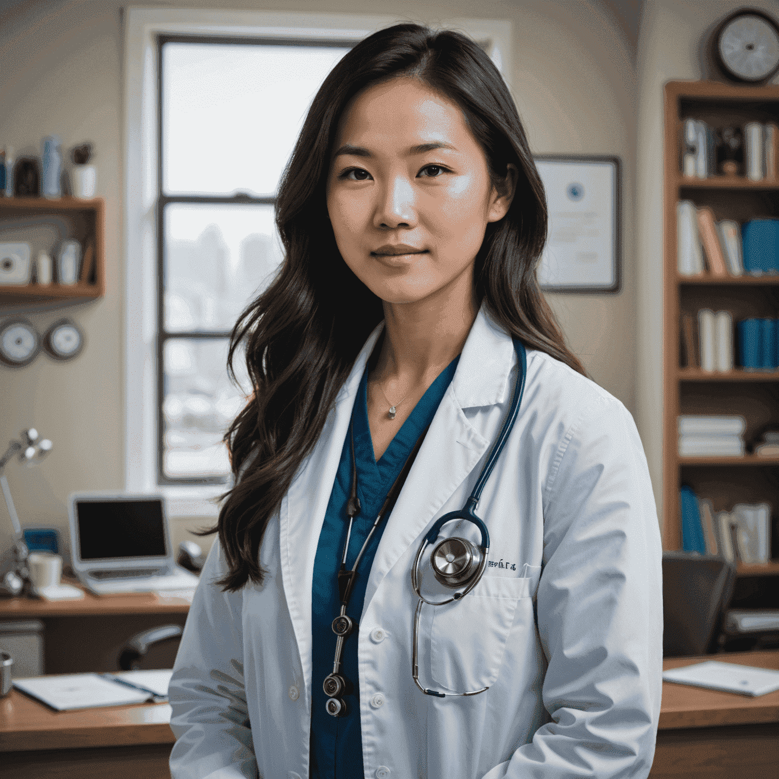 Portrait of Dr. Emily Chen, a young Asian woman with long hair, wearing a lab coat and stethoscope