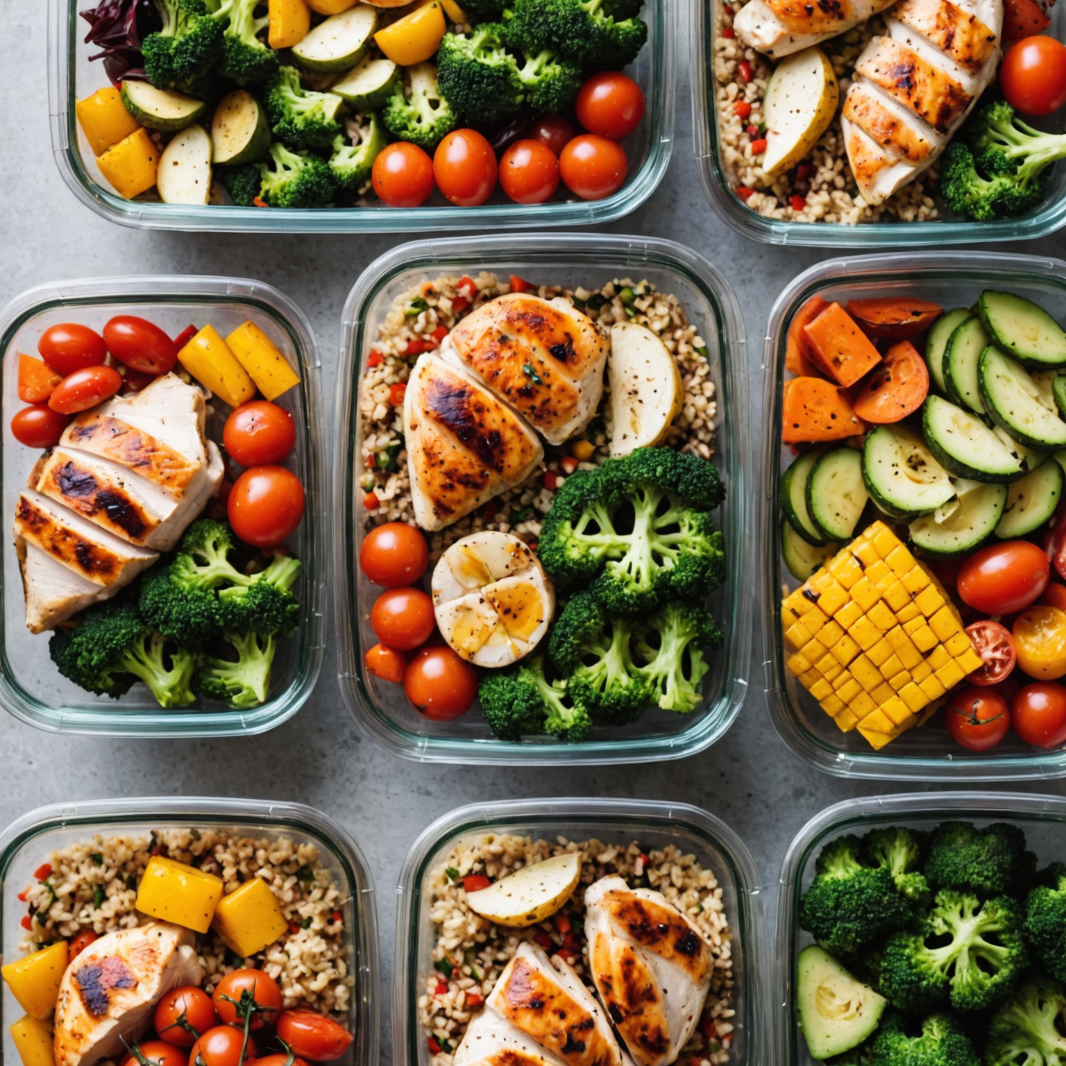 Neatly organized meal prep containers filled with colorful, healthy foods like grilled chicken, roasted vegetables, and quinoa