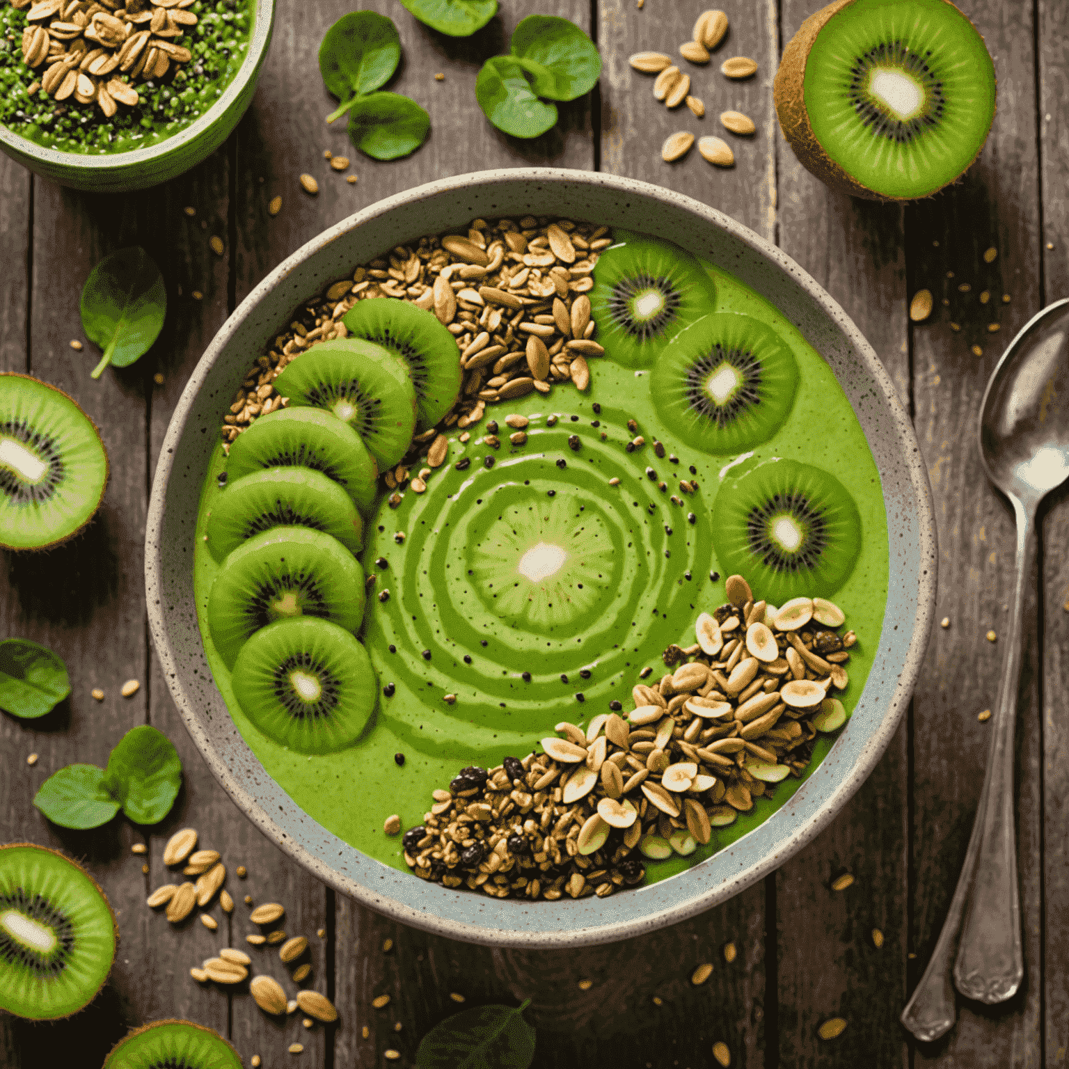 A vibrant green smoothie bowl topped with sliced kiwi, chia seeds, and granola. The bowl is garnished with a sprinkle of matcha powder and sits on a light wooden surface.