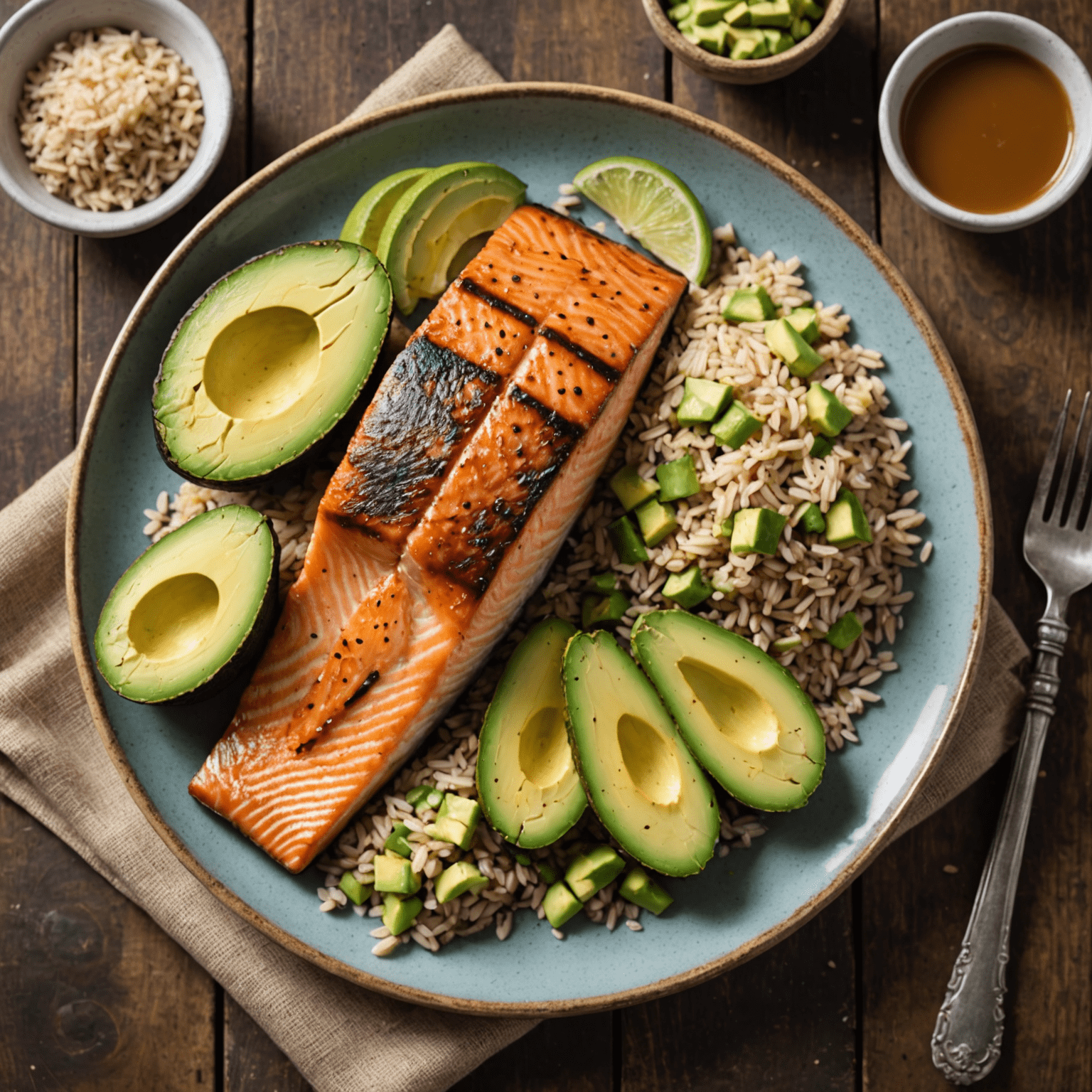 A balanced plate showing proper proportions of proteins (grilled salmon), carbohydrates (brown rice), and healthy fats (avocado slices)