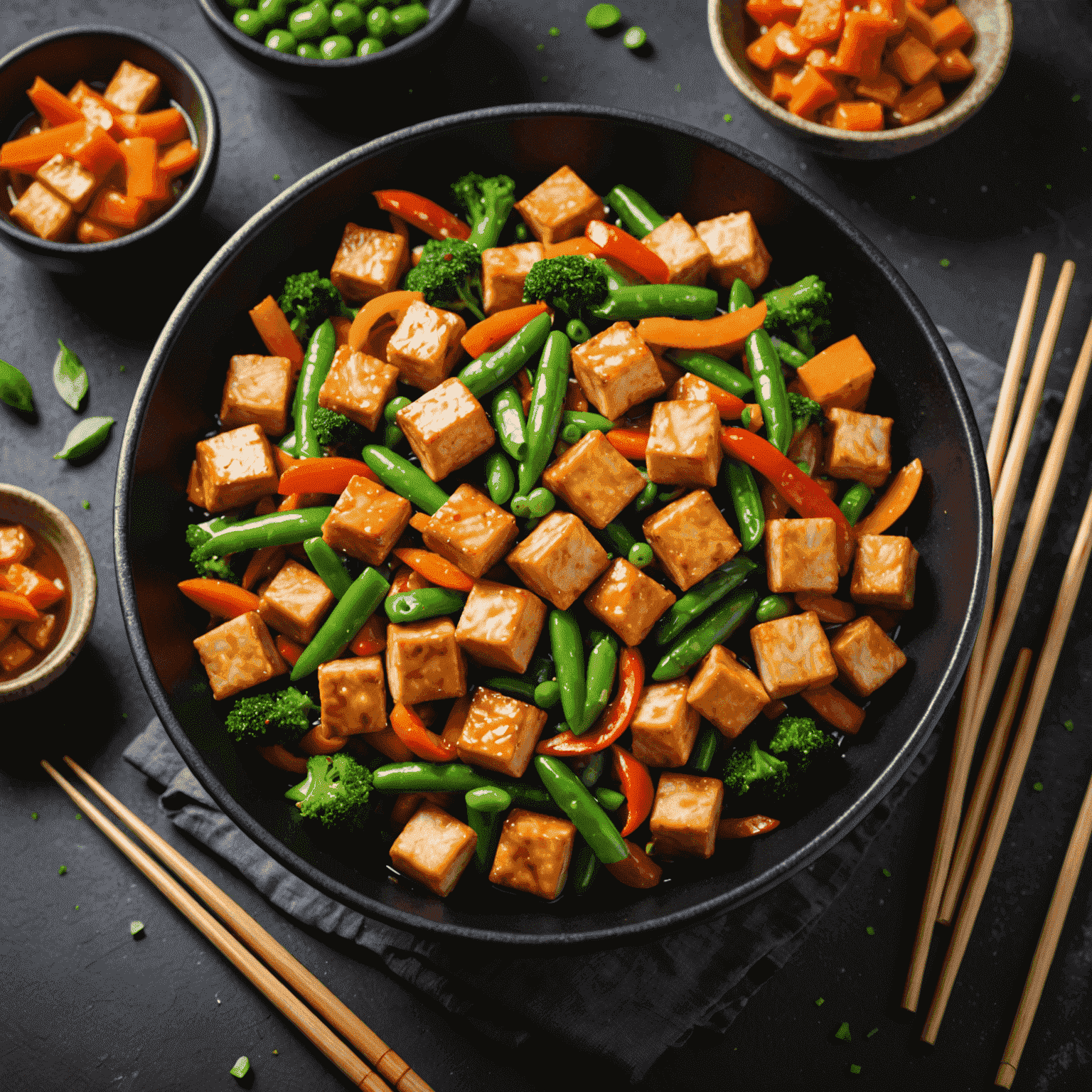 A colorful stir-fry of crisp tofu cubes and assorted vegetables like bell peppers, snap peas, and carrots in a glossy sauce. The dish is served in a black bowl with chopsticks on the side.