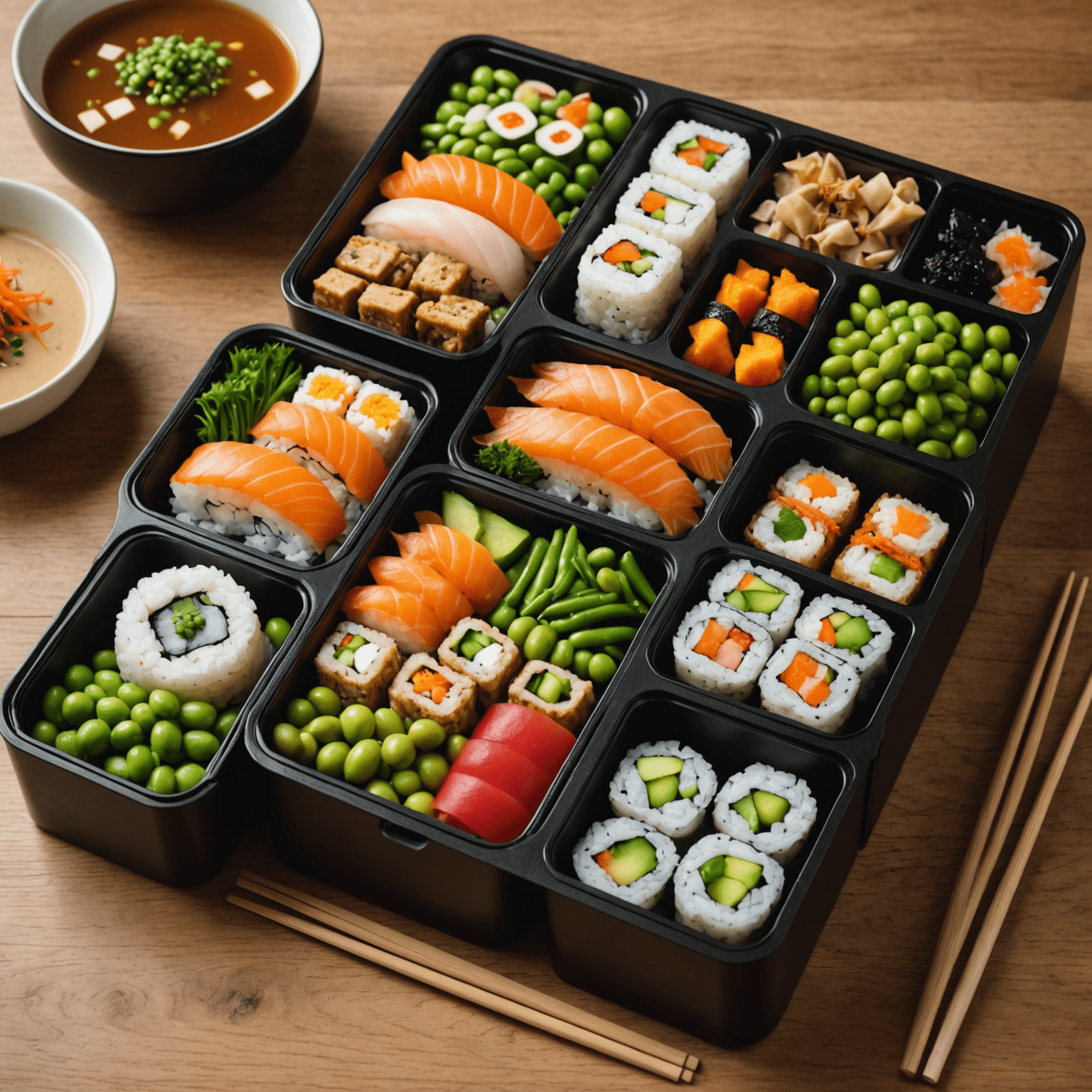 A beautifully presented bento box filled with various Japanese-inspired healthy dishes like sushi rolls, edamame, and miso soup