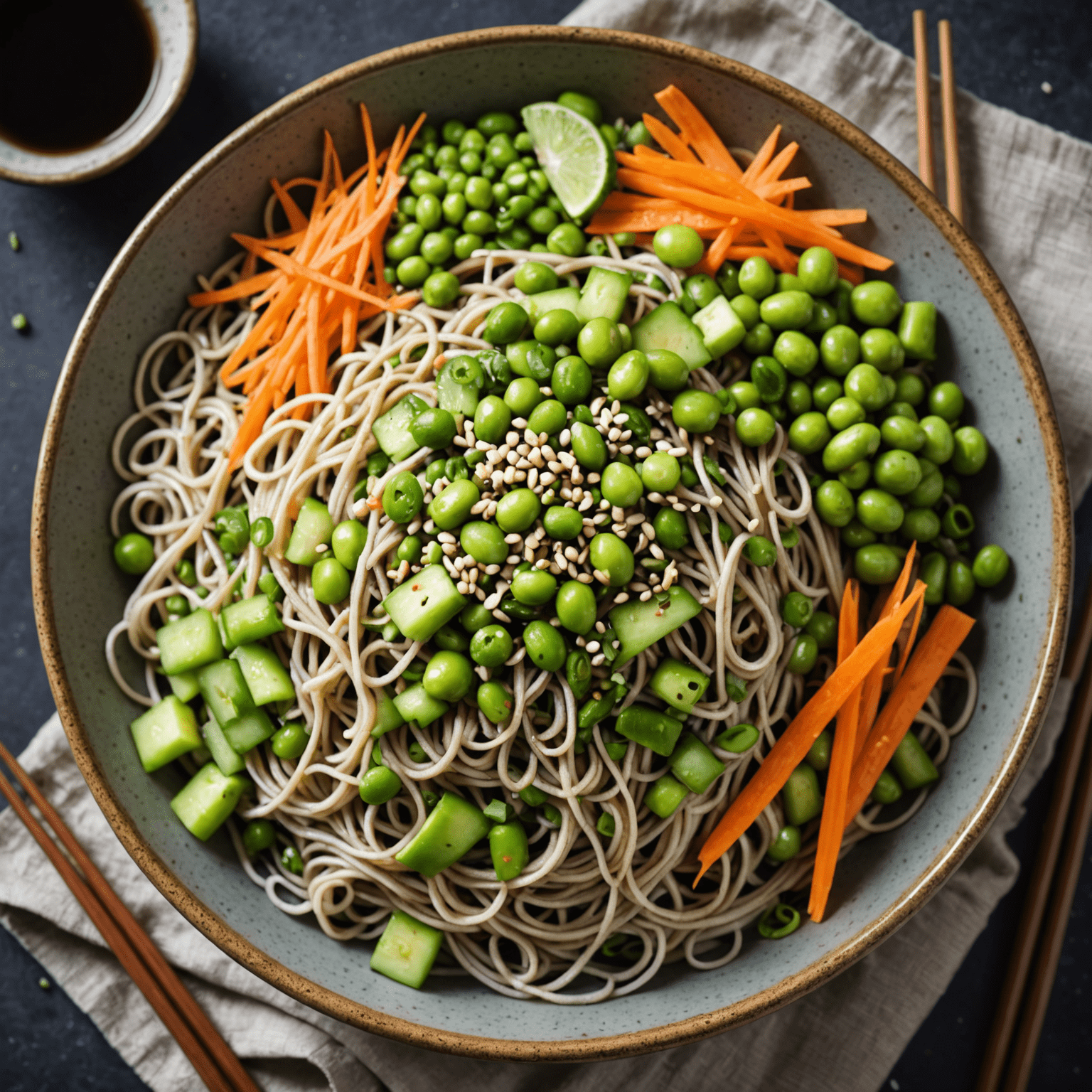 A refreshing salad of chilled soba noodles tossed with julienned cucumber, shredded carrots, and edamame. The salad is dressed with a light sesame-ginger dressing and topped with sesame seeds.