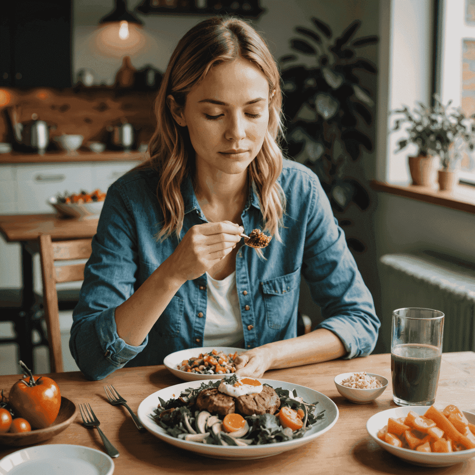 A person sitting at a table with a healthy meal, eyes closed, practicing mindful eating techniques