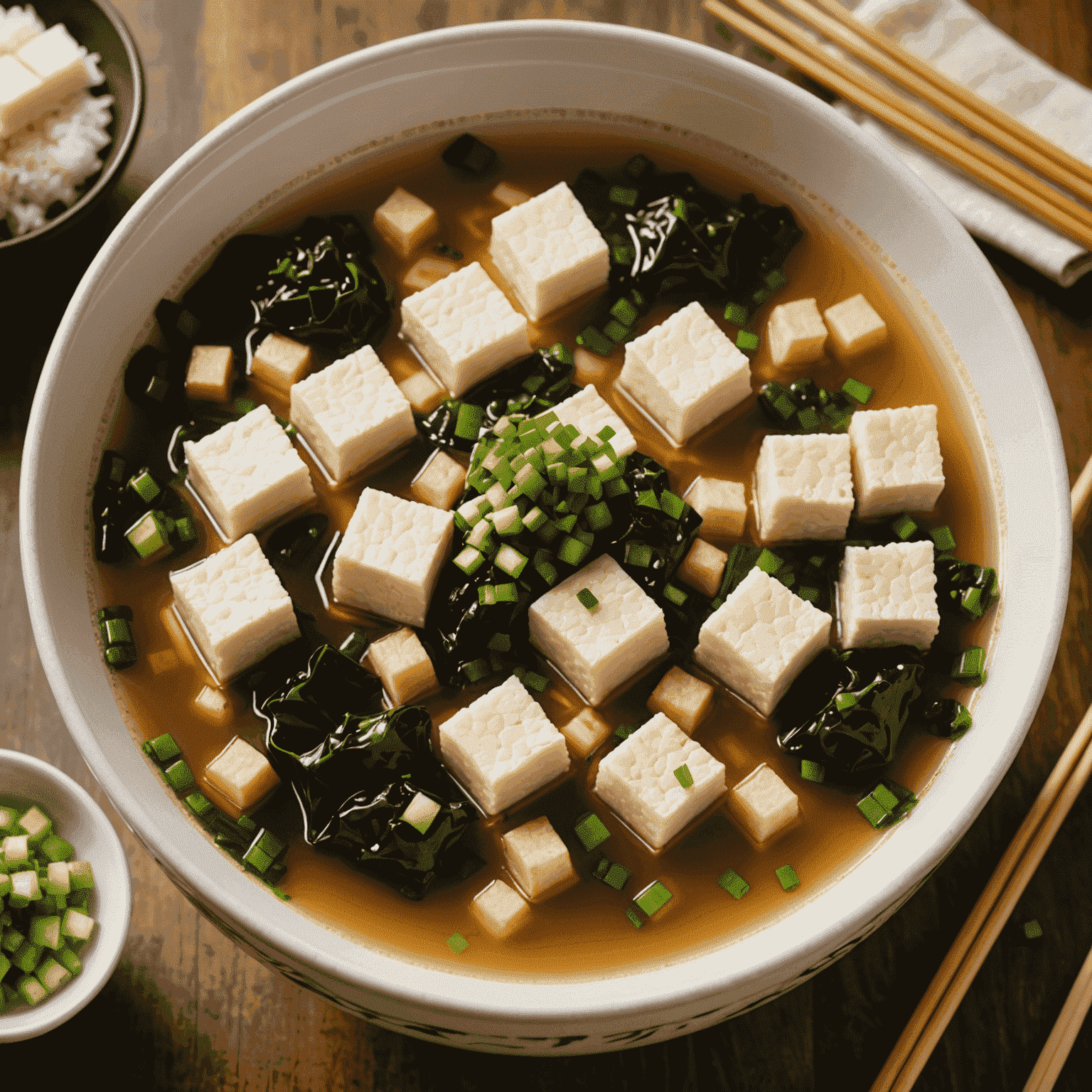 A clear bowl of steaming miso soup filled with small cubes of silken tofu, strips of wakame seaweed, and chopped green onions. The soup has a rich, golden color.