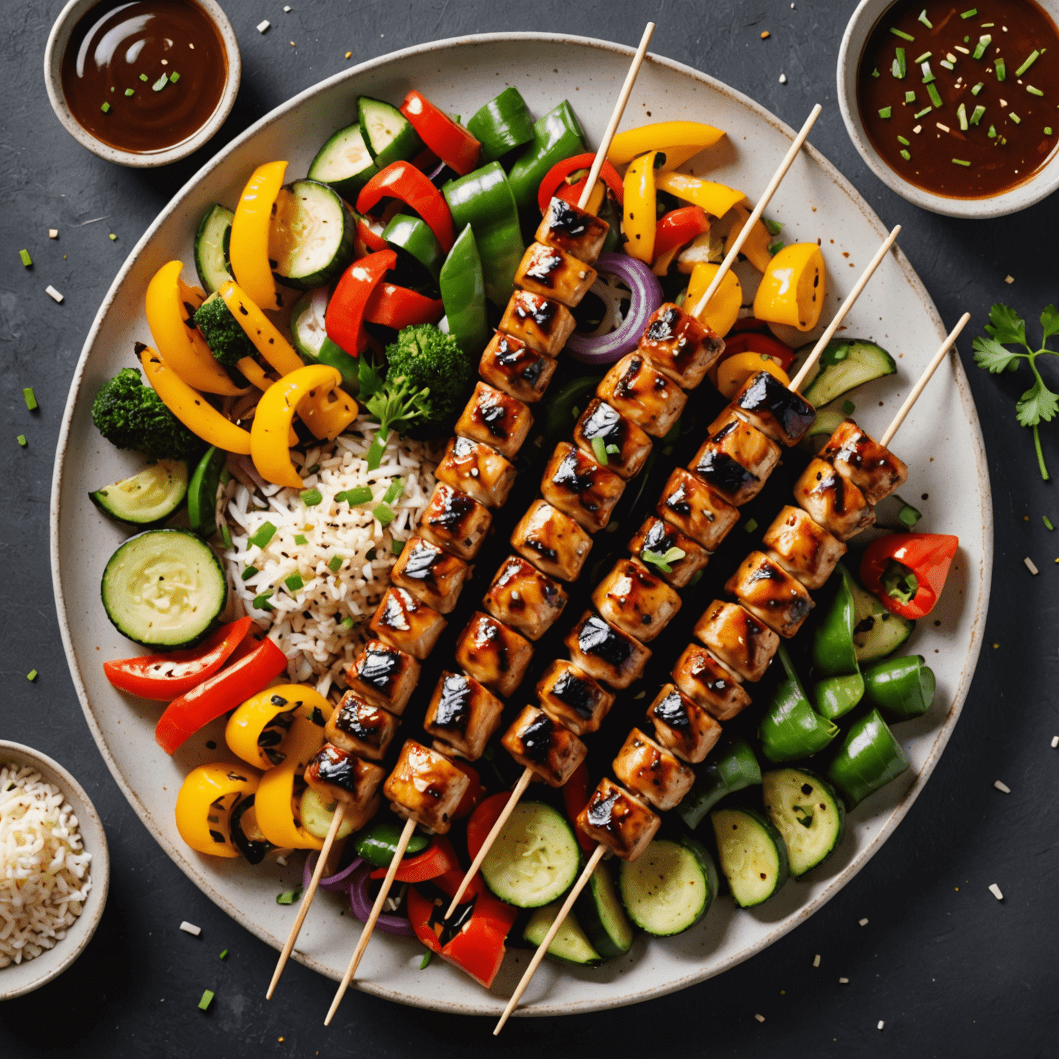 Wooden skewers of grilled chicken glazed with teriyaki sauce, accompanied by colorful grilled vegetables like zucchini, bell peppers, and onions. The dish is garnished with sesame seeds and chopped green onions.